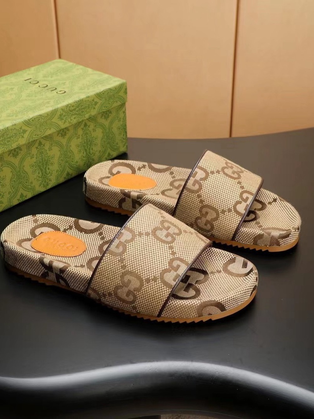 Gucci Beige Brown GG Canvas Slide Sandals - Picture 1 of 6